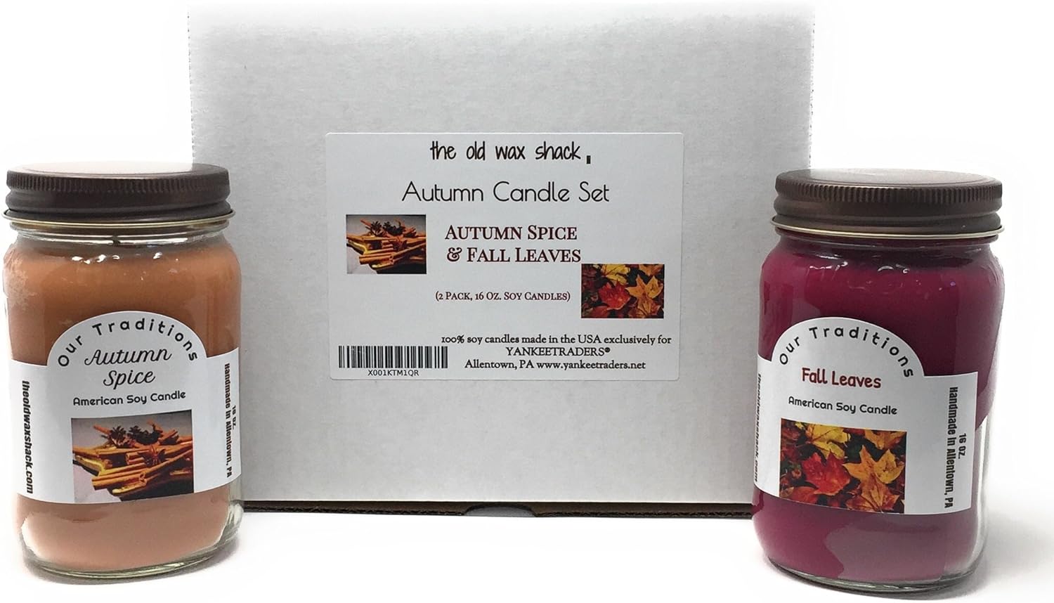 Two candles with labels and a box labeled 'Autumn Spice & Fall Leaves' from 'The Old Wax Shack'.