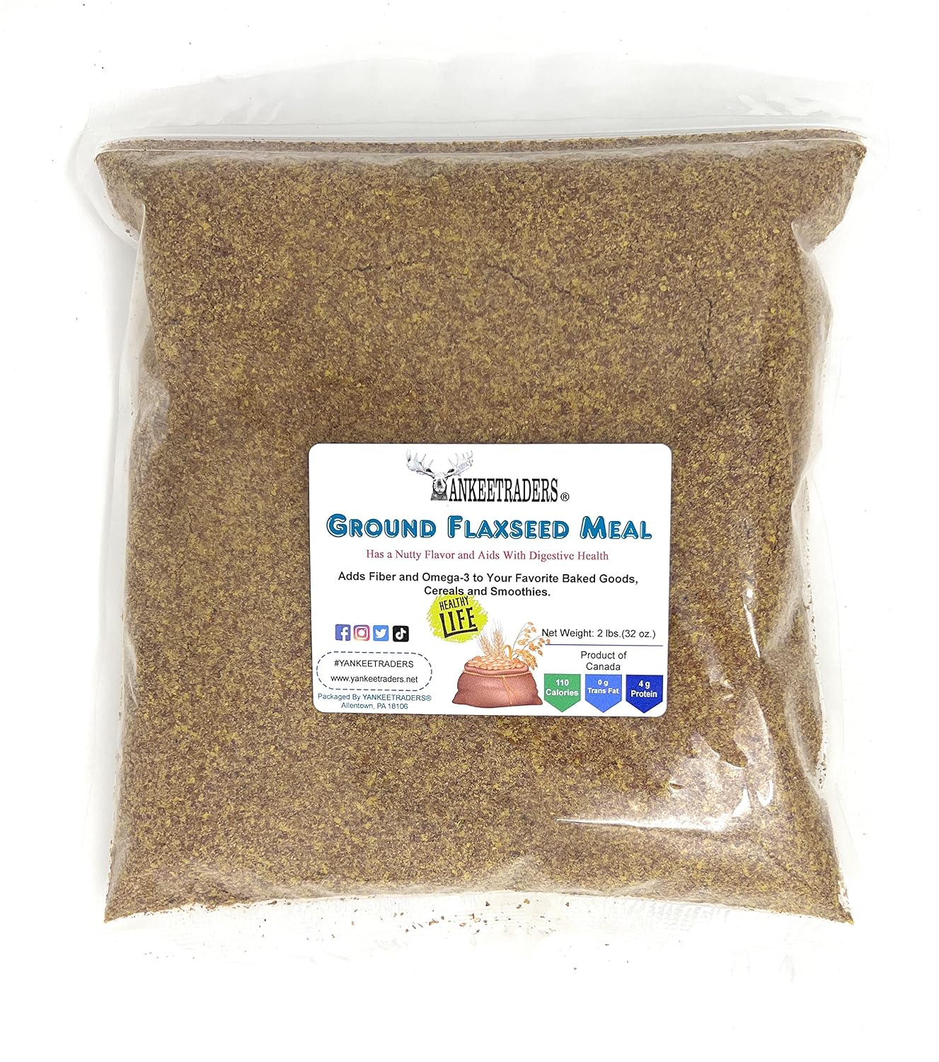 A clear plastic bag filled with ground flaxseed meal, featuring a white label with blue and yellow text. The brand 'YANKEETRADERS' is visible on the label.
