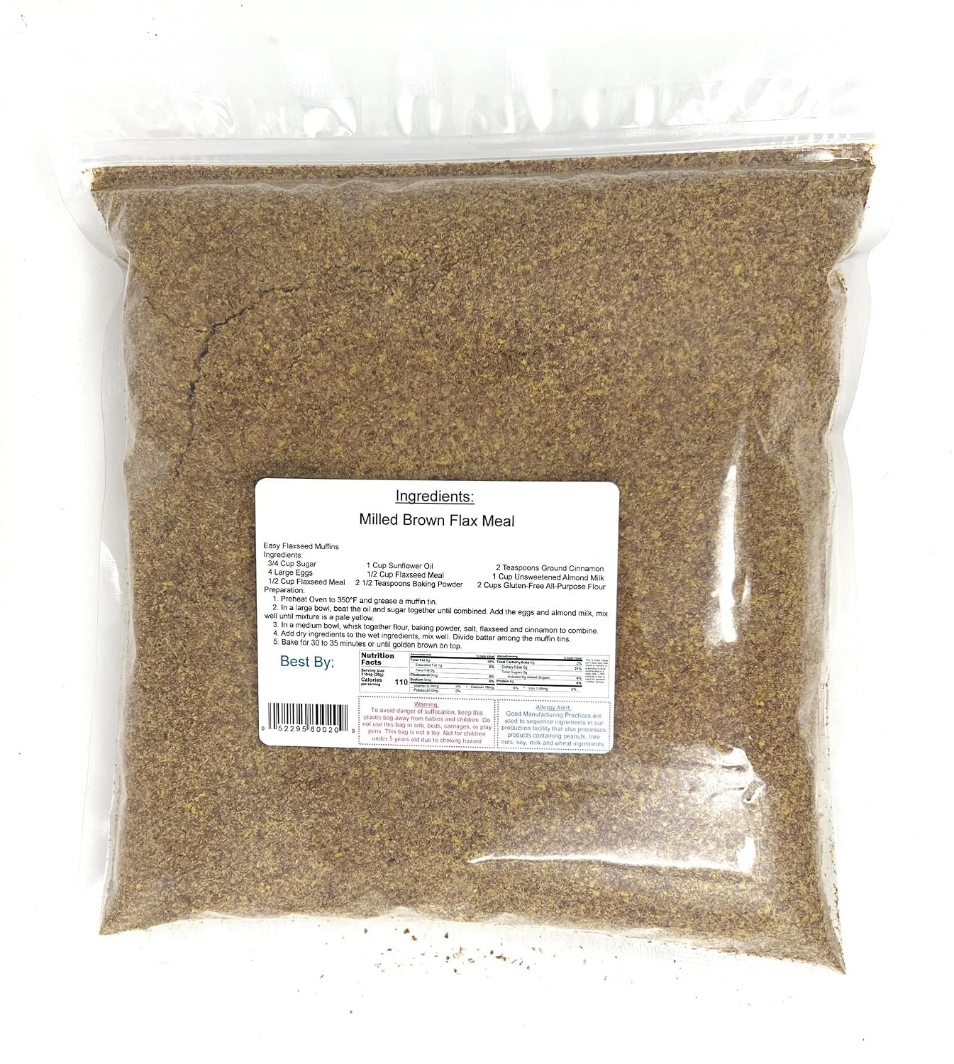 A clear plastic bag filled with a brown flaxseed meal, with a white label on the front reading 'Milled Brown Flax Meal'.