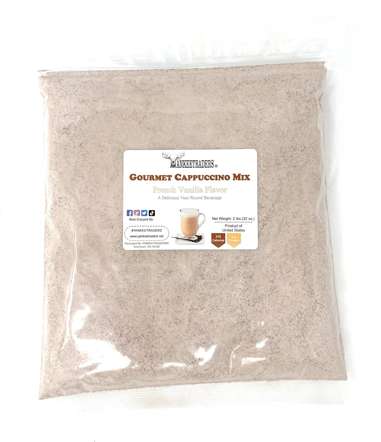 Package of French Vanilla Gourmet Cappuccino Mix with a label on a white background