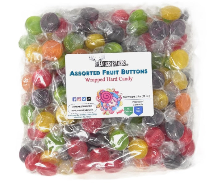 Assorted Fruit Buttons Hard Candy - Bulk Wrapped, 2 lbs | Orange, Cherry, Apple, Lemon, Grape