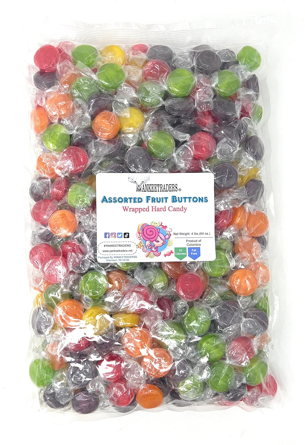 Assorted Fruit Buttons Hard Candy - Bulk Wrapped, 2 lbs | Orange, Cherry, Apple, Lemon, Grape