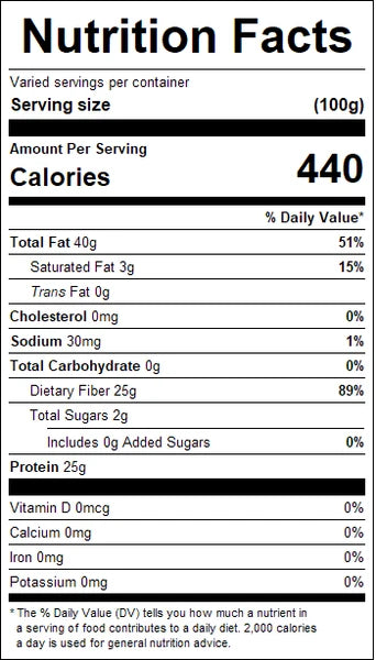 Nutrition facts label for brown flaxseed meal with 250 calories per serving