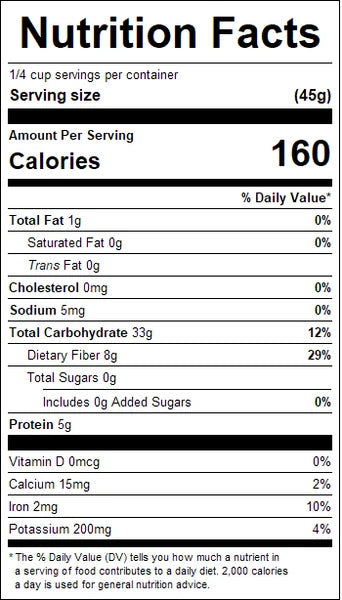 Nutrition facts label for pearled hulled barley with serving size, calories, and various nutrient values.