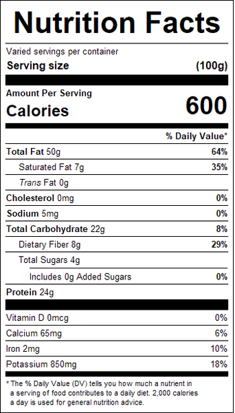 Nutrition facts label for a granulated dry roasted peanuts with detailed nutritional information.