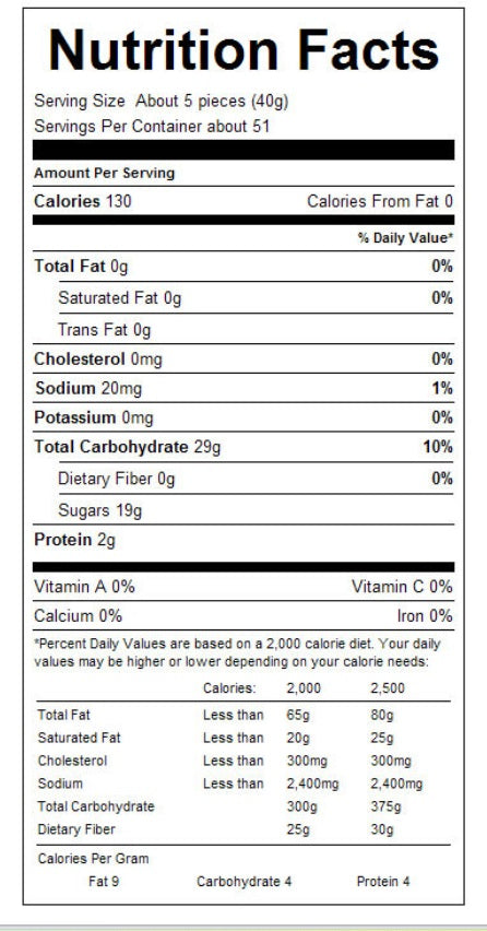 Nutrition facts label for green apple rings with detailed calorie count and nutritional information.