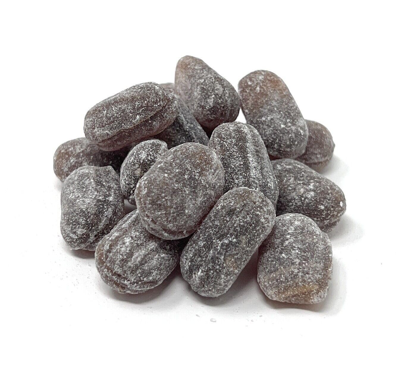 Pile of sanded horehound hard candy on a white background