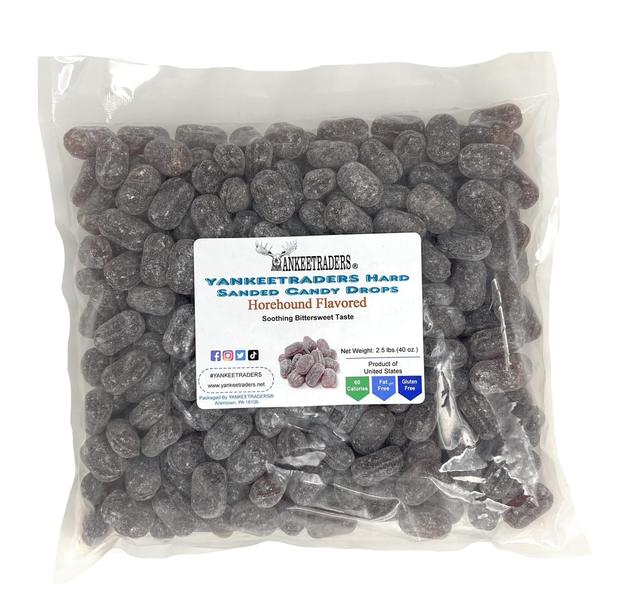 A clear plastic bag filled with horehound sugar-coated hard candy drops, with a white label reading YANKEETRADERS Hard Sanded Candy Drops Horehound Flavored, on a white background