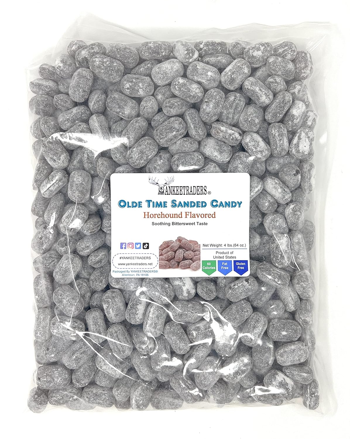4 Pound Bag of horehound sanded flavored candy with a label on a white background
