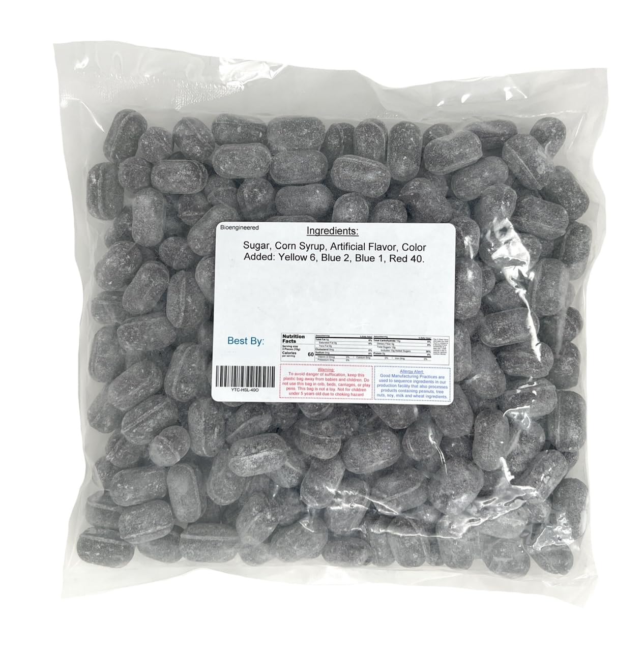 Bag of sanded horehound candy with a nutrition label on a white background