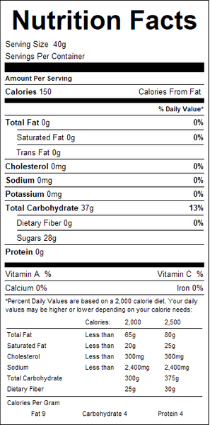 Nutrition facts label for red and green jelly beans with serving size, calories, and nutritional content details.