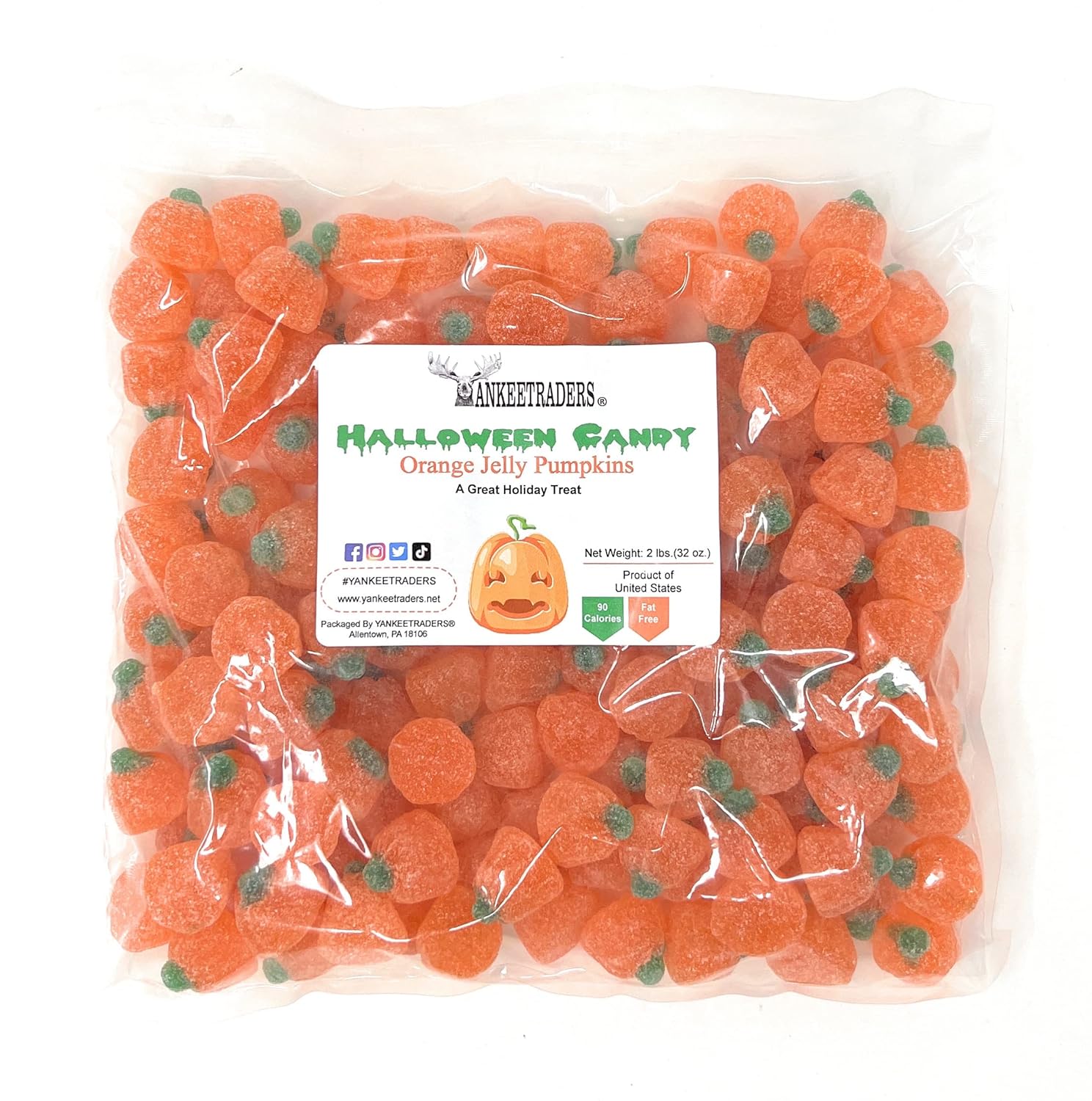 2 Pound Packaged orange jelly pumpkins with a visible YANKEETRADERS brand label on a white background