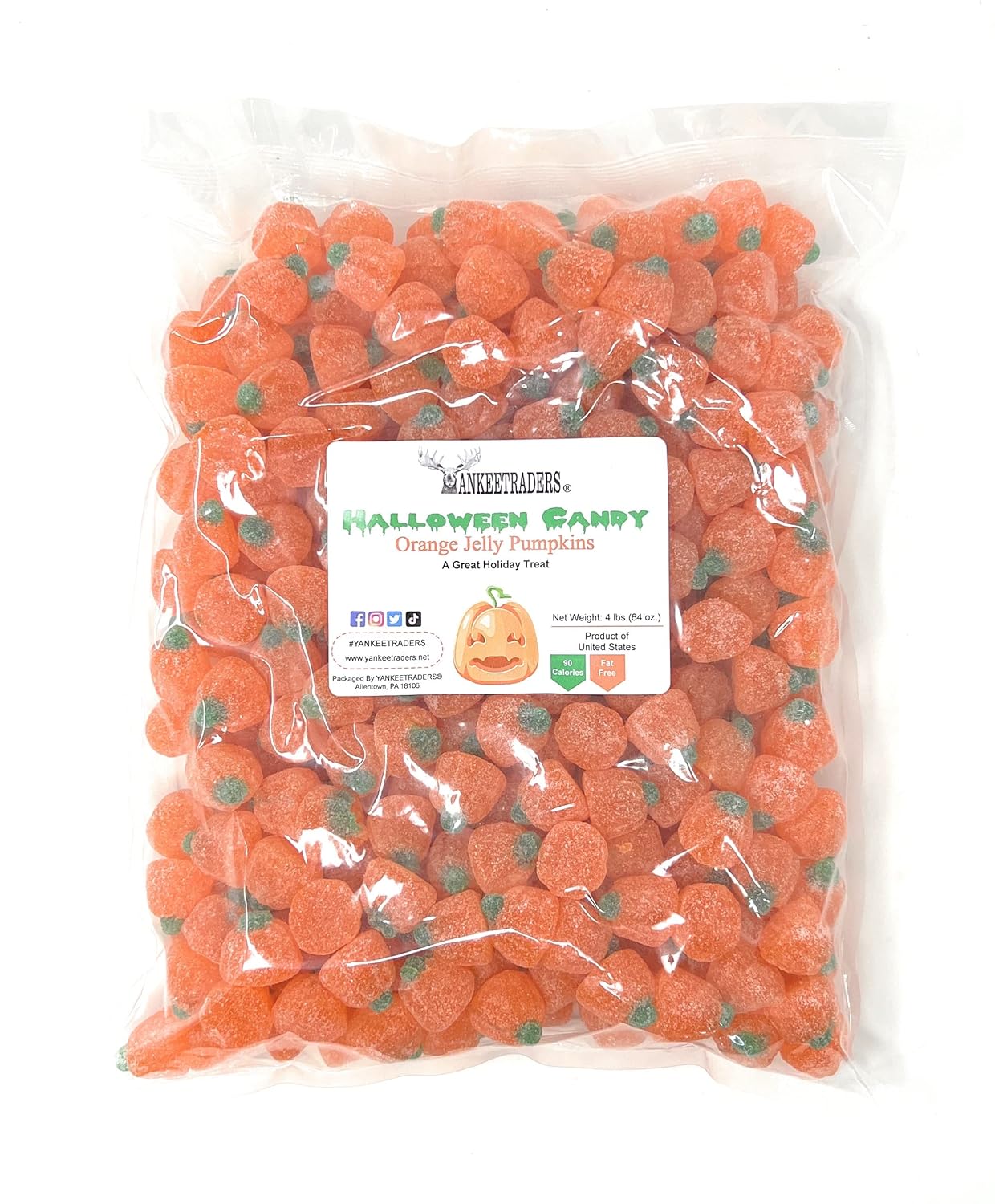 A clear plastic bag filled with orange pumpkin-shaped jelly candies, with a white label reading YANKEETRADERS Halloween Candy Orange Jelly Pumpkins' on a white background.
