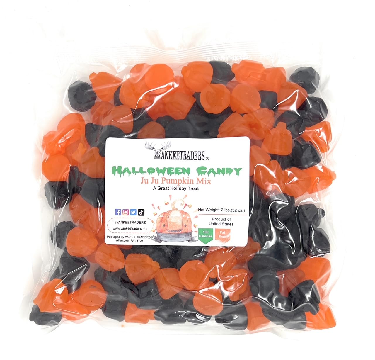 Packaged Halloween ju ju candy mix with orange and black pumpkins, featuring a brand label on a white background.