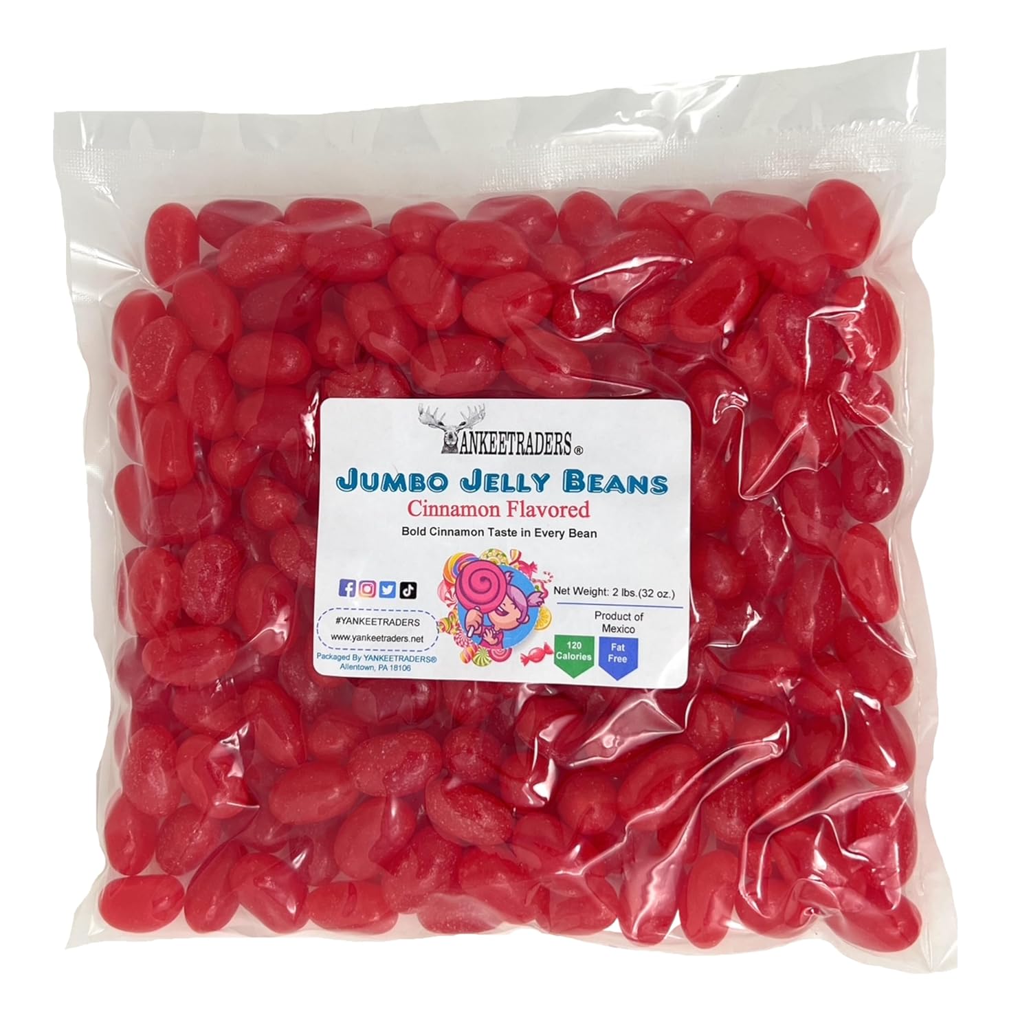 Bag of red Jumbo Jelly Beans with a YANKEETRADERS label on a white background