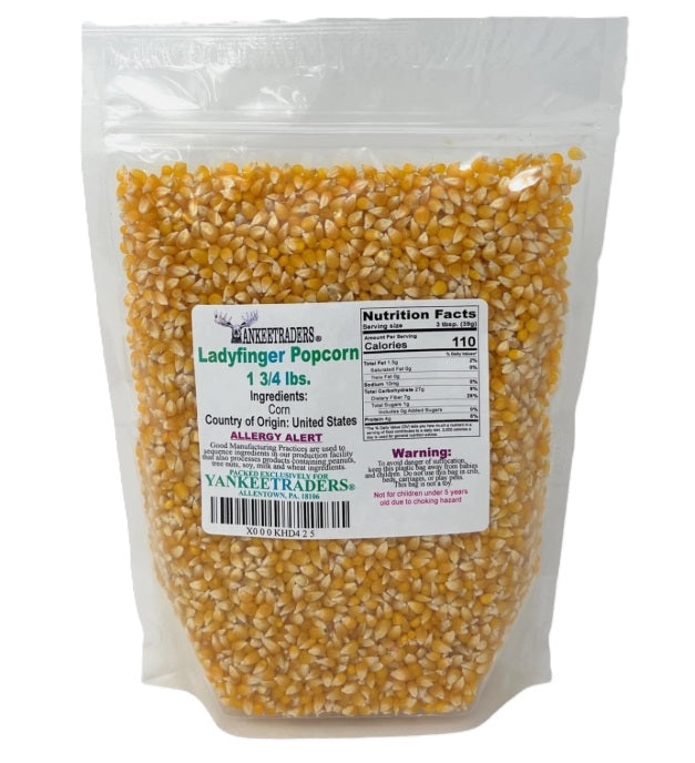 Bag of Ladyfinger popcorn with a label on a white background