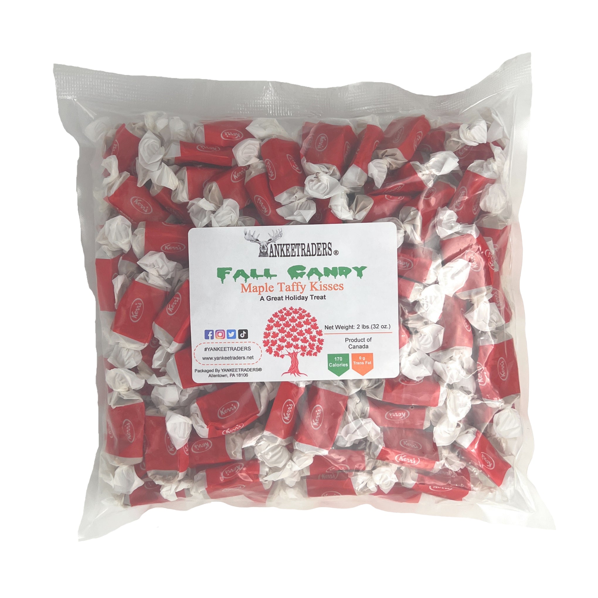 Bag of red and white maple kisses taffy with a YANKEETRADERS label on a white background