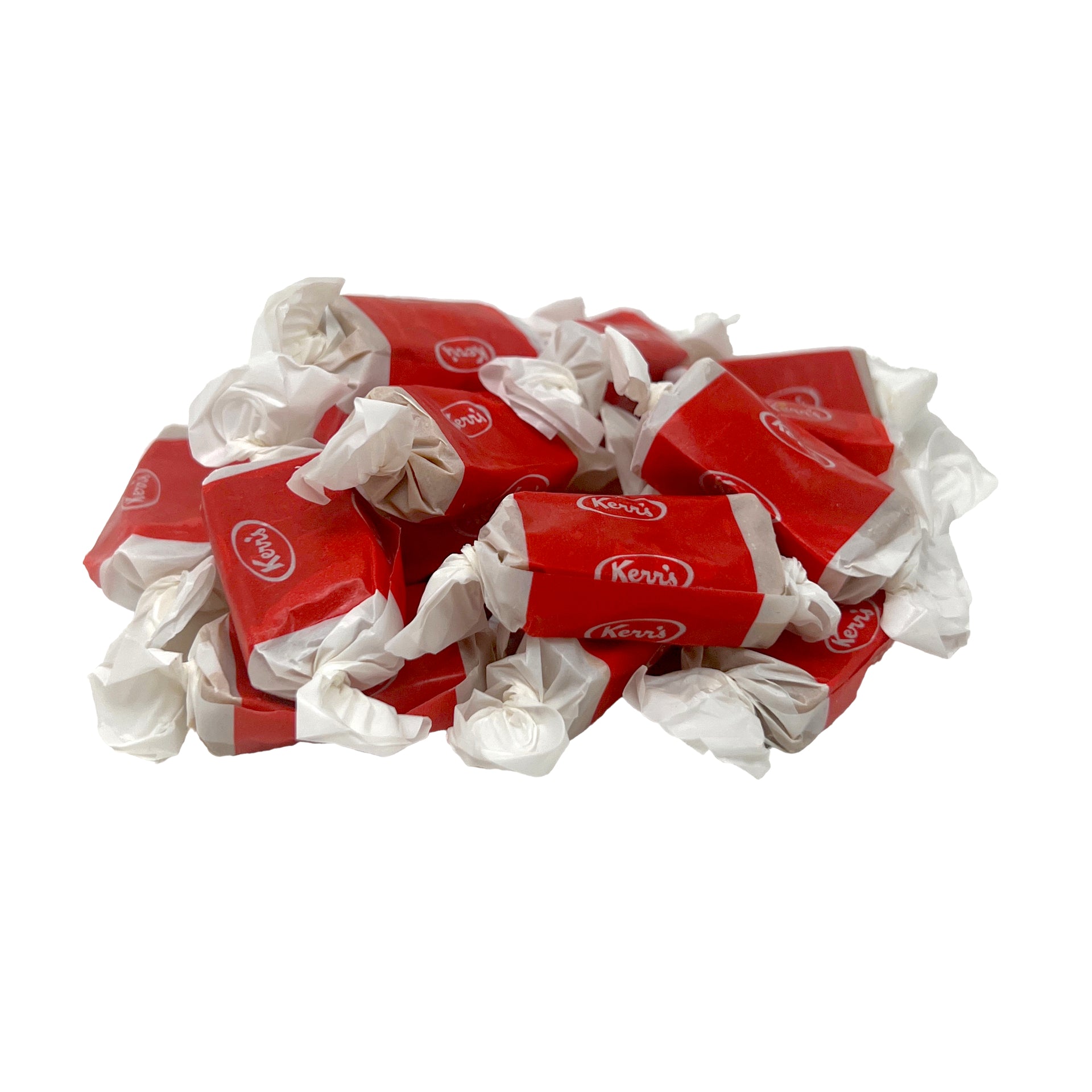 Red and white wrapped maple kisses candies with 'Kerr's' branding on a white background