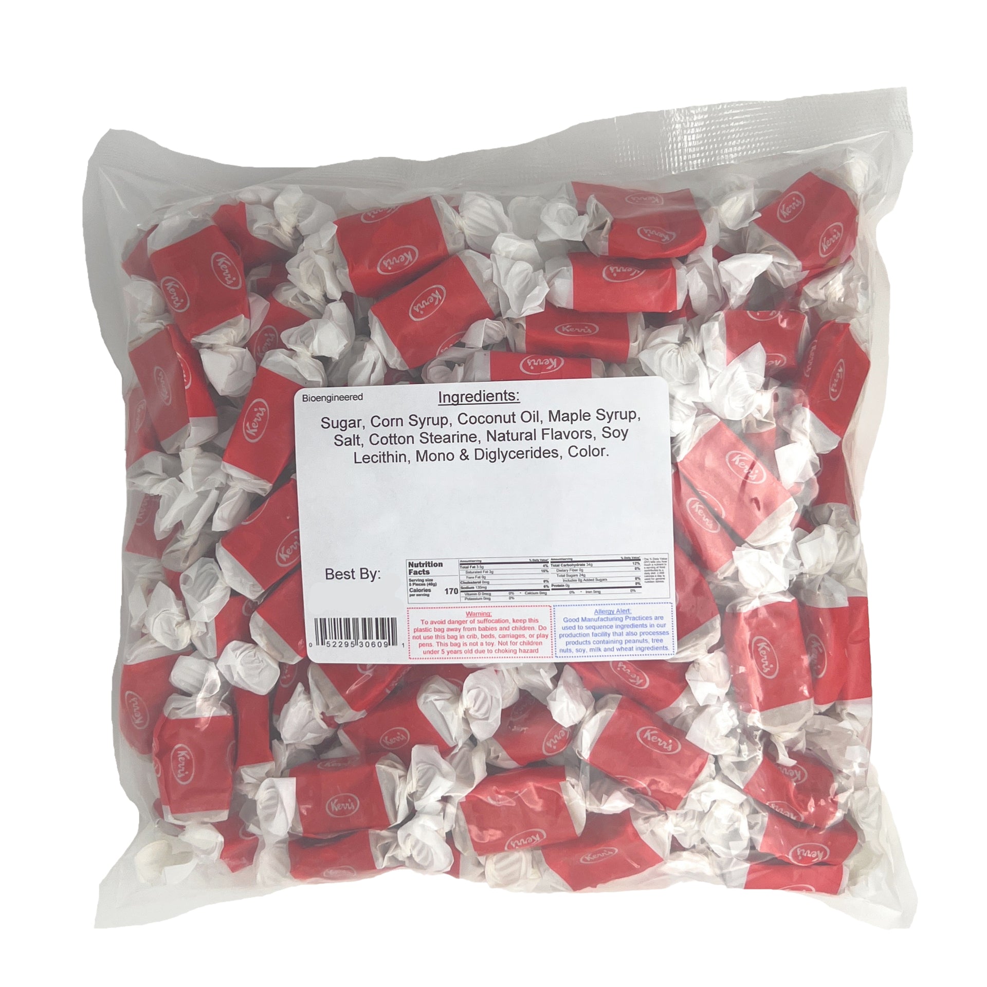 Bag of red and white wrapped maple kisses taffy candies with a nutrition label on a white background