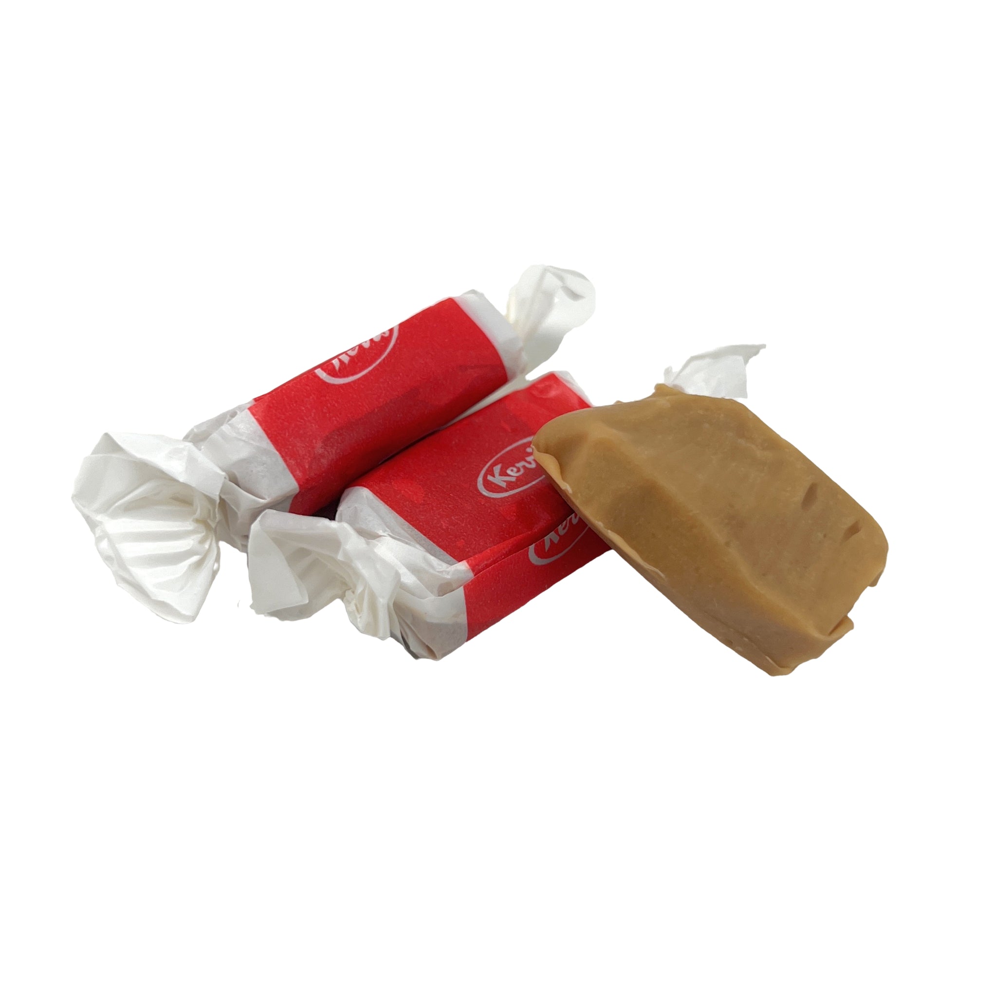 Two red-wrapped maple kisses taffy caramels with one unwrapped on a white background