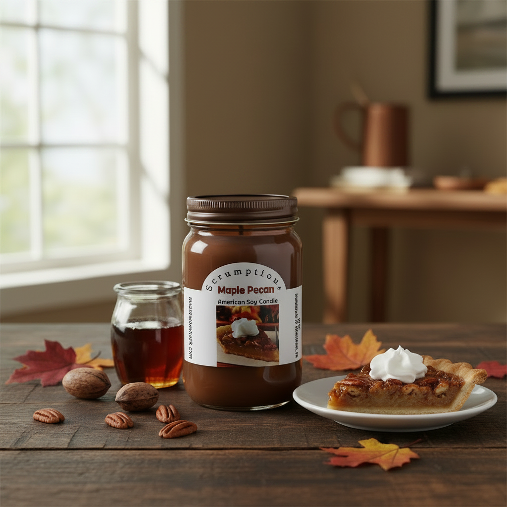 Maple Pecan Candle on table with maple syrup, pecan pie and scattered leaves
