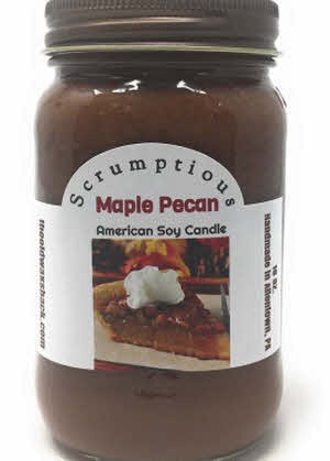 Maple Pecan American Soy Candle in a 16 Oz. Mason Jar, brown colored candle with a label showing a piece of pecan pie with ice cream.
