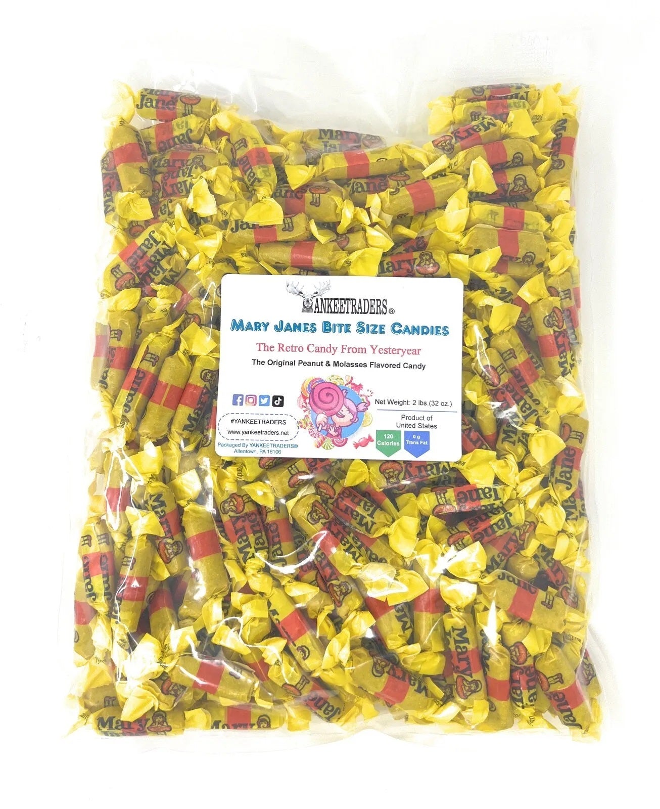 2 pound Bag of Mary Janes candy wrapped in yellow and red wrappers