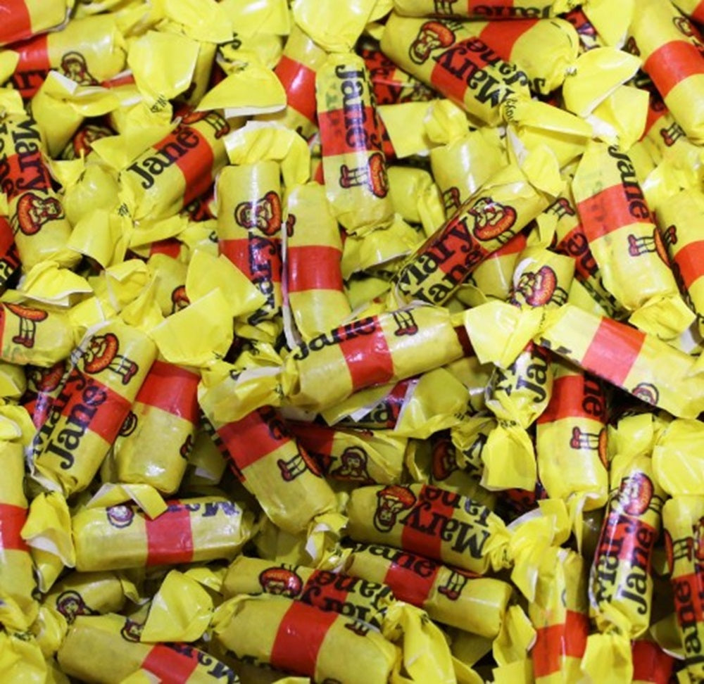 Pile of Mary Janes red and yellow wrapped candy