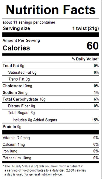 Nutrition facts label for a blue raspberry twists with 7 pieces serving size