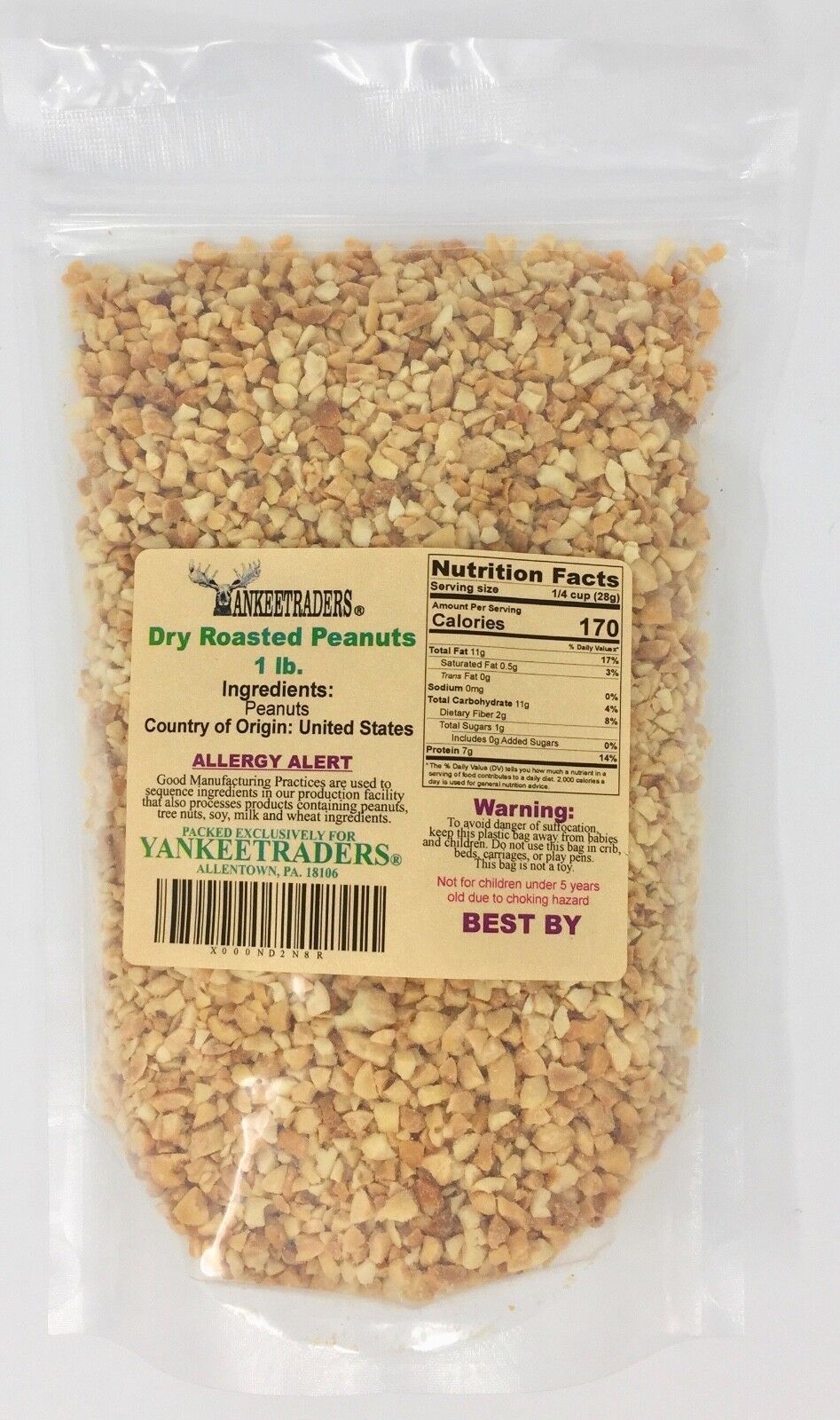 1 Pound Package of roasted peanuts with a YANKEETRADERS label on a white background