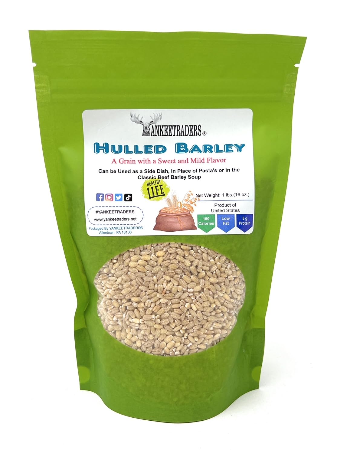 A green stand-up pouch of YANKEETRADERS Hulled Barley, showing a clear window with visible loose barley grains inside. The front label includes the brand name, product description, and a small bowl graphic.