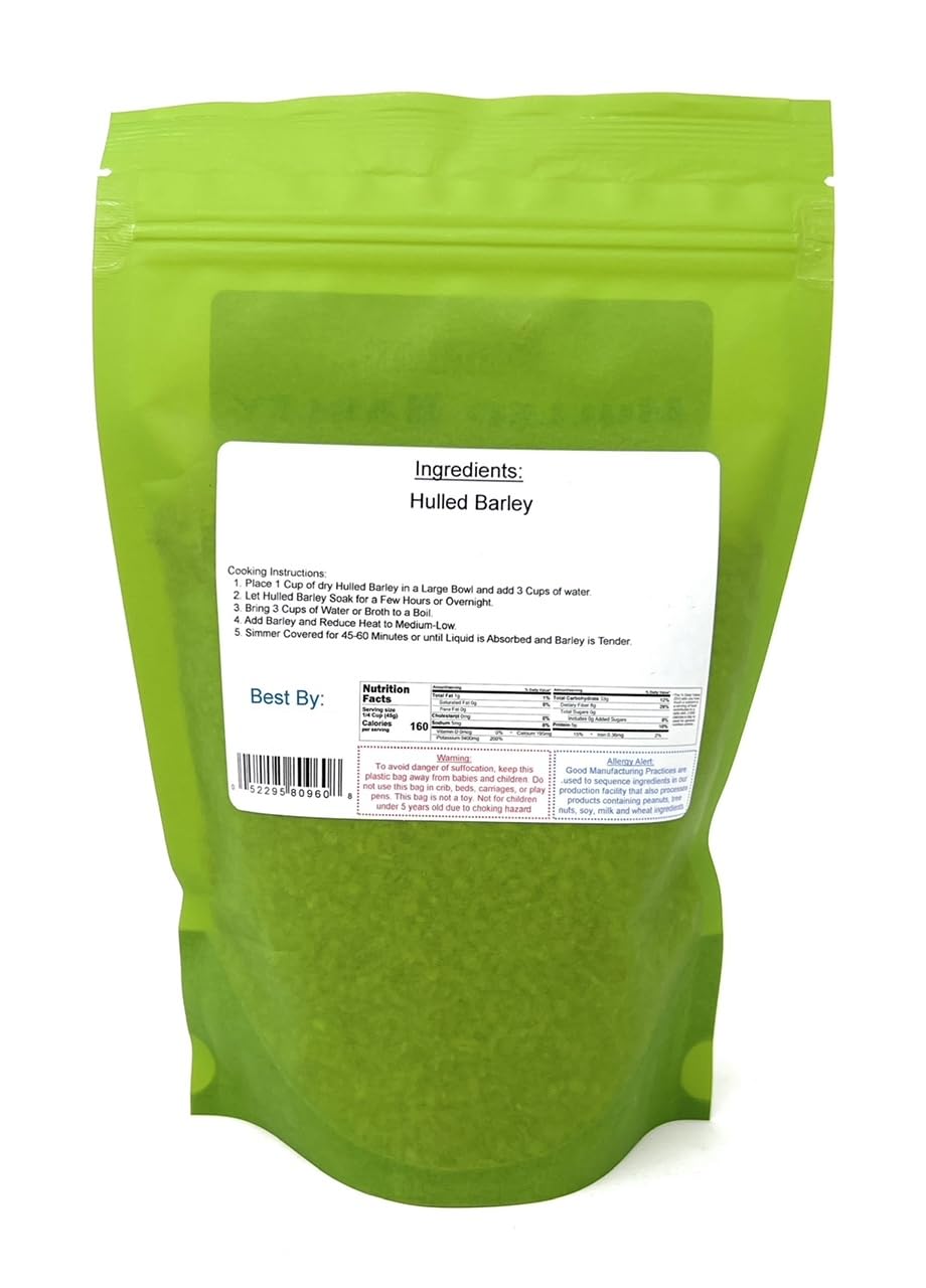A bright green stand-up resealable pouch of hulled barley with a large white label on the front, photographed against a plain white background.