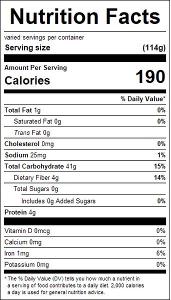 Nutrition facts label for a red rice product with serving size, calories, and various nutrient values.