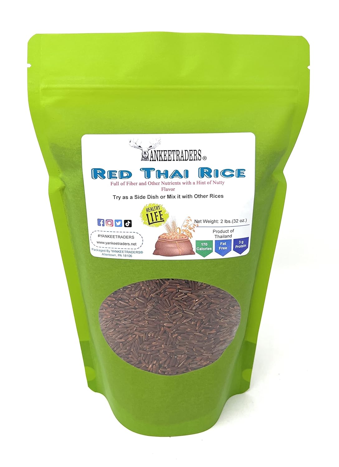 Green package of Red Thai Rice with a visible brand label on a white background