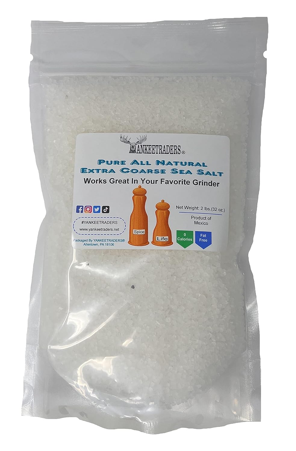 2 Pound Bag of Yankeetraders Pure All-Natural Extra Coarse Sea Salt with a white background