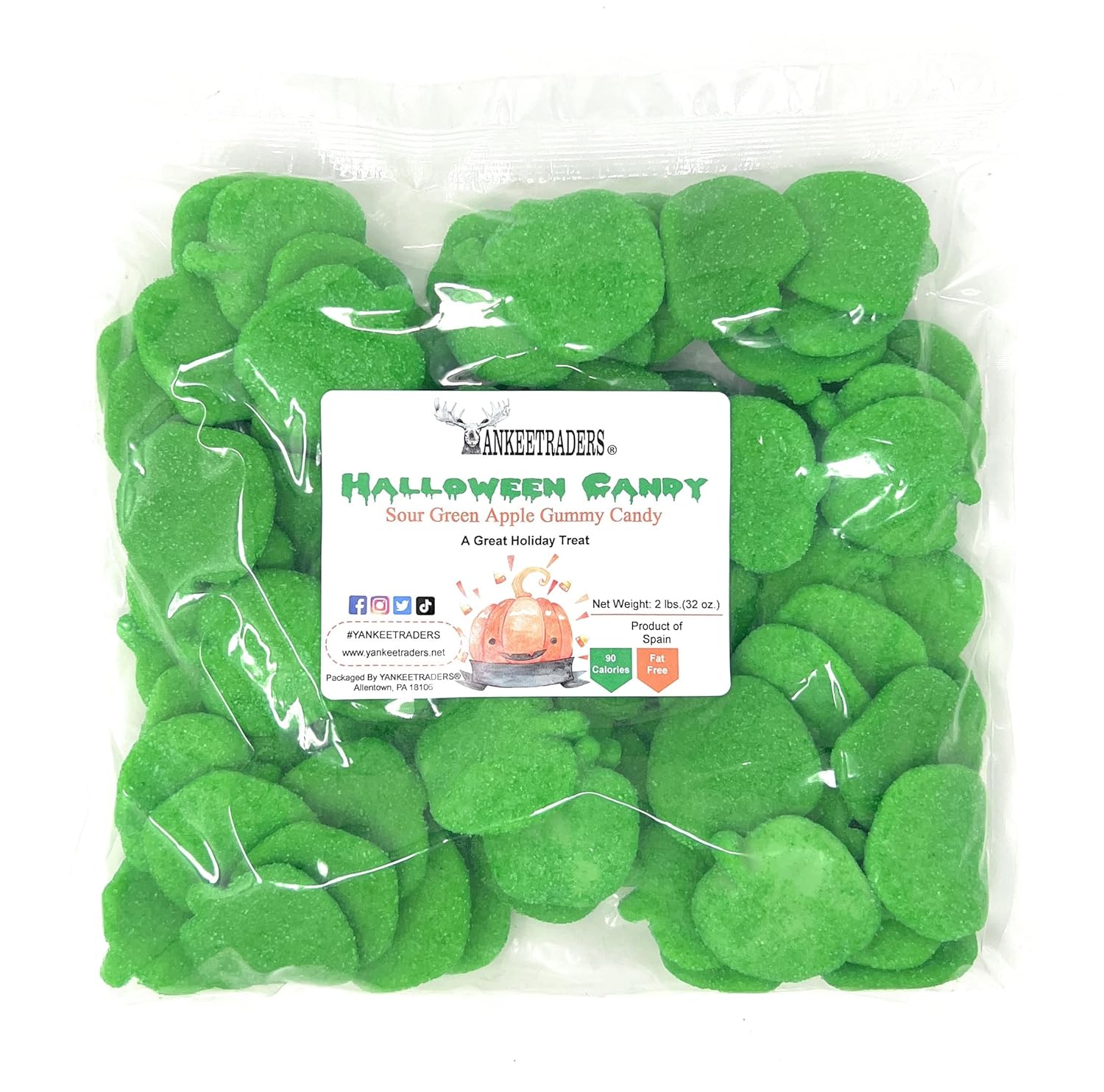 2 Pound Bag of sour green apple gummy candy with a label on a white background
