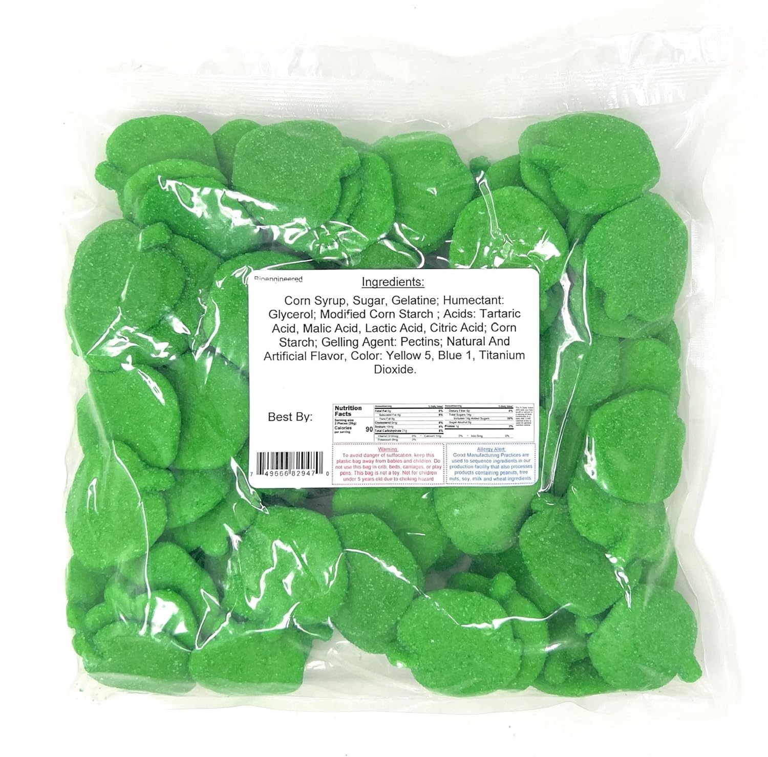 Sour Green apple candy pieces in a clear plastic bag with a nutrition label on a white background