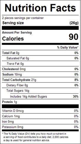 Nutrition facts label for sour green apple candy with detailed calorie count and nutritional content.