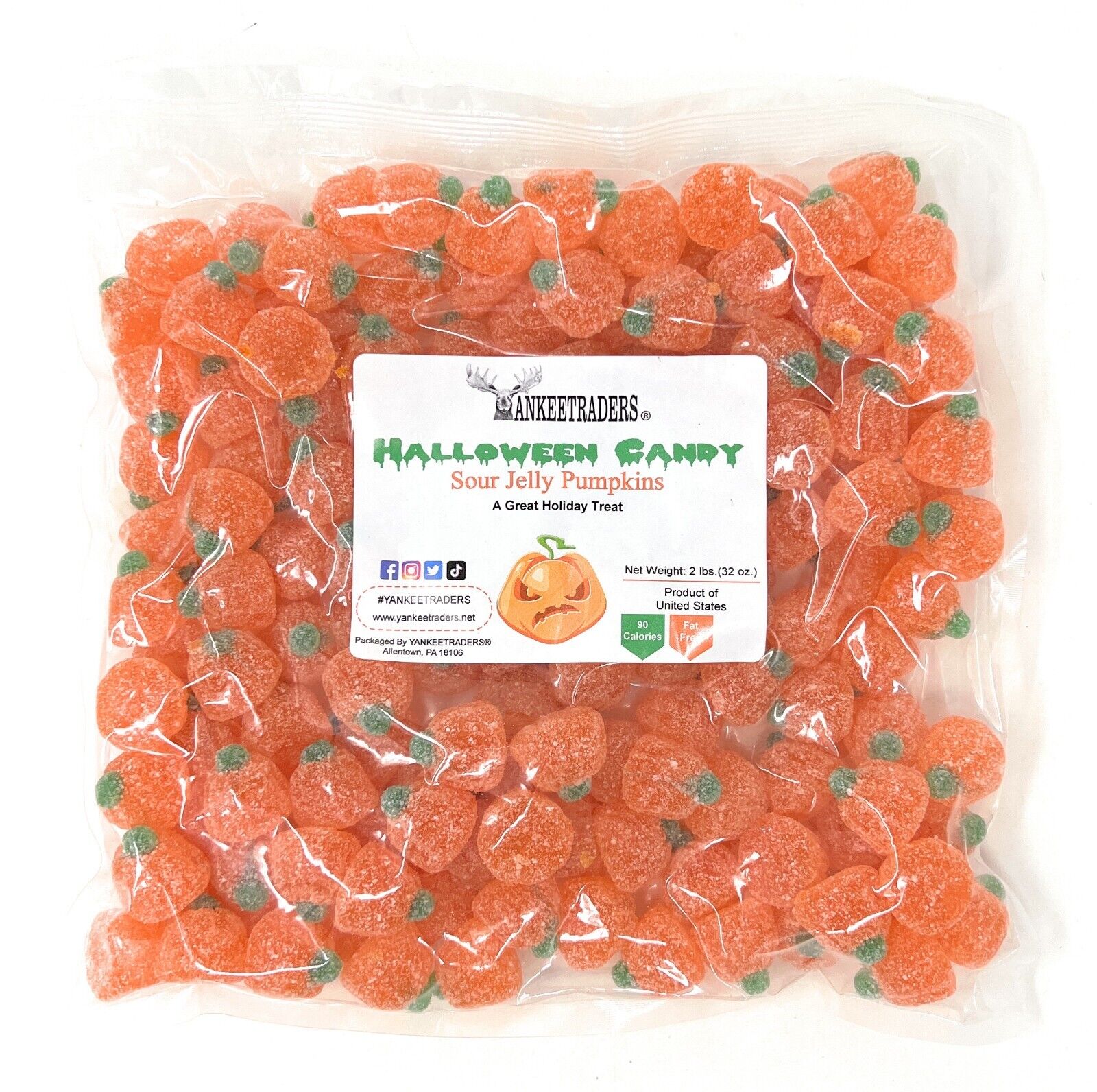 Bag of sour orange jelly pumpkins with a visible YANKEETRADERS brand label on a white background