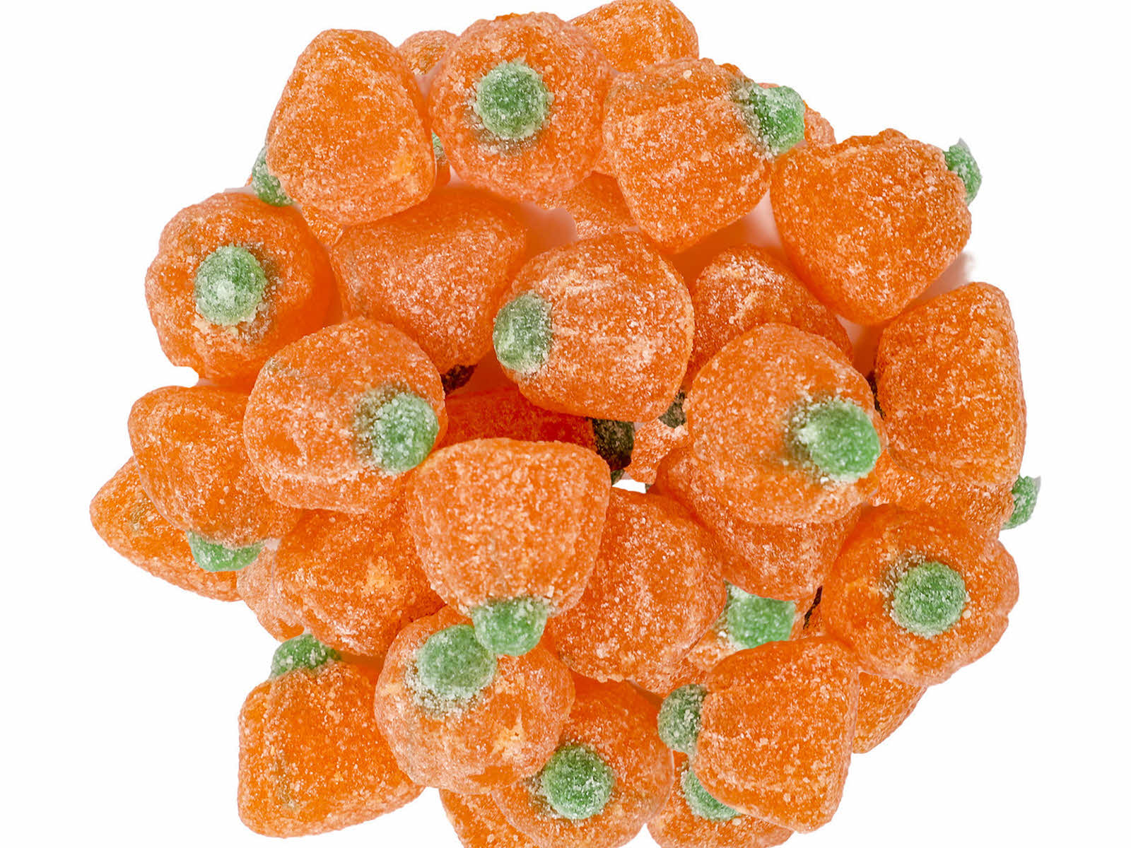 A pile of sugar frosted sour orange jelly candies with green stems, shaped like pumpkins, indicative of autumn and Halloween themes.