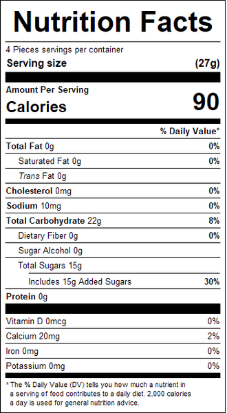 Nutrition facts label for sour orange jelly pumpkins with serving size, calories, and various nutrients listed.