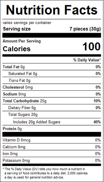 Nutrition facts label for assorted spiced gumdrops with detailed calorie and nutrient information.