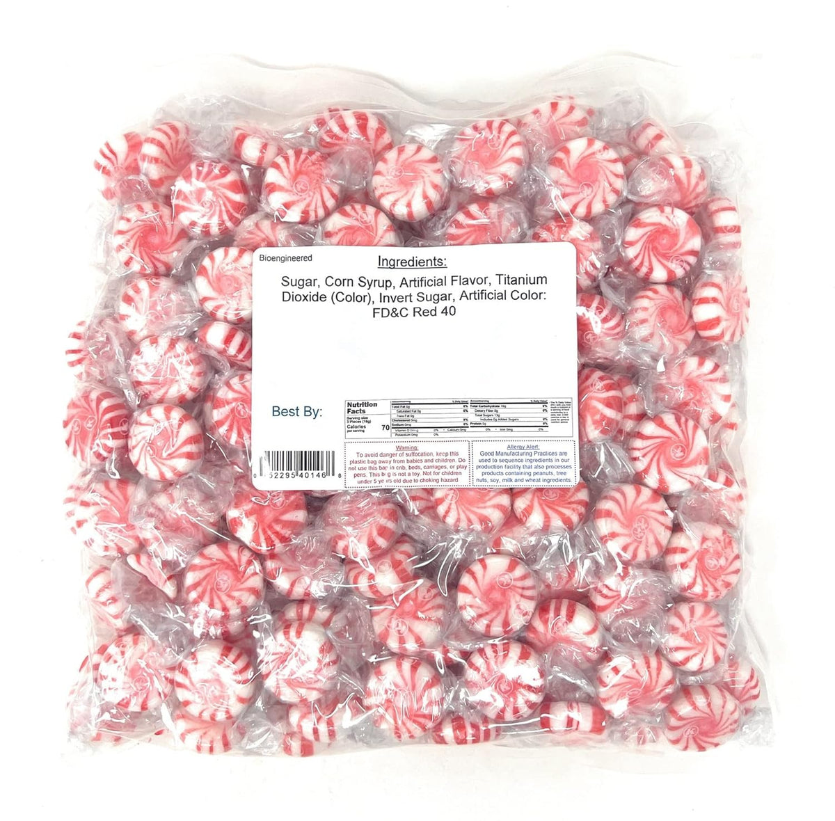 Bag of red and white peppermint candies with a nutrition label on a white background