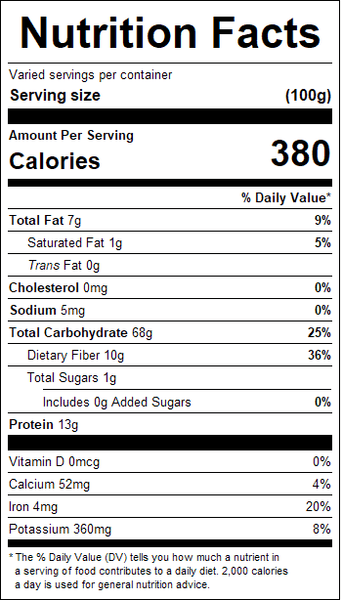 Nutrition facts label for a steel cut oats with serving size, calories, and various nutrient values.