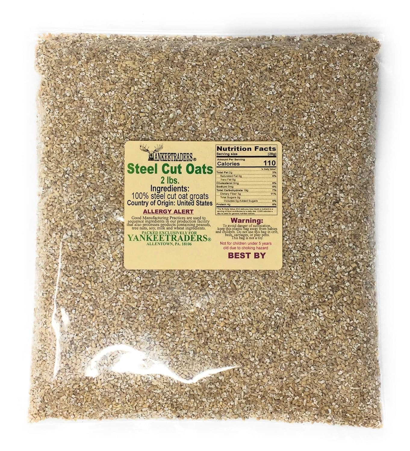 Bag of steel cut oats with a YANKEETRADERS brand label on a white background