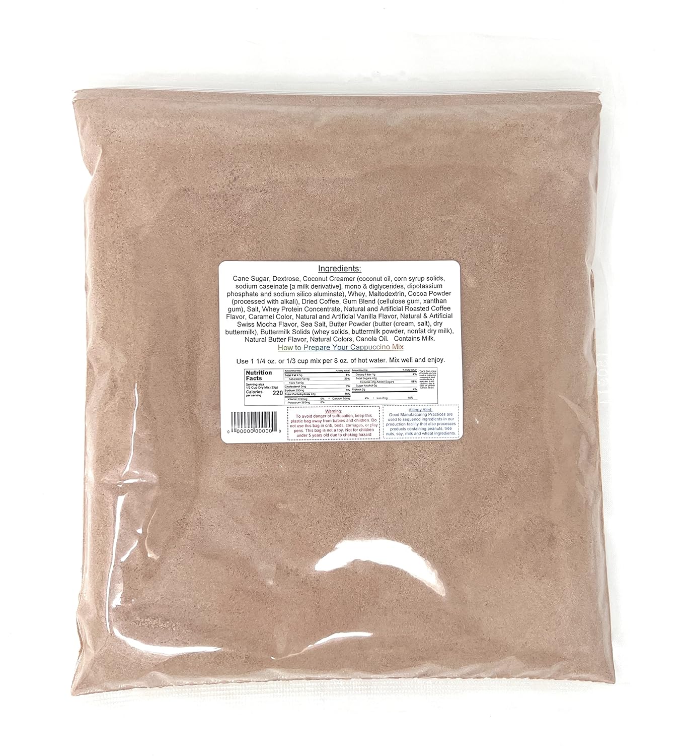 Swiss Mocha cappuccino mix package with a nutrition label on white background