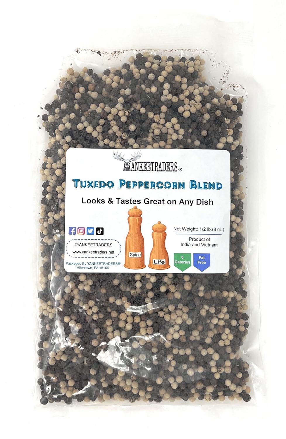 Peppercorns, Tuxedo Blend, Black and White, Whole, 8 Ounce