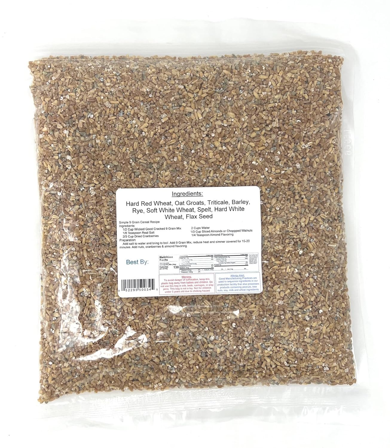 Bag of hard red wheat with a nutrition label on a white background