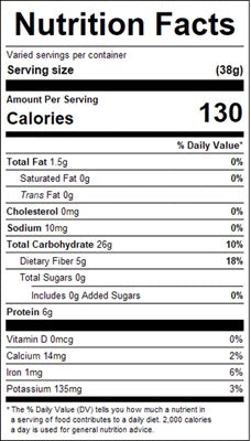 Nutrition facts label for a 9-grain cereal mix with serving size, calories, and various nutritional values.