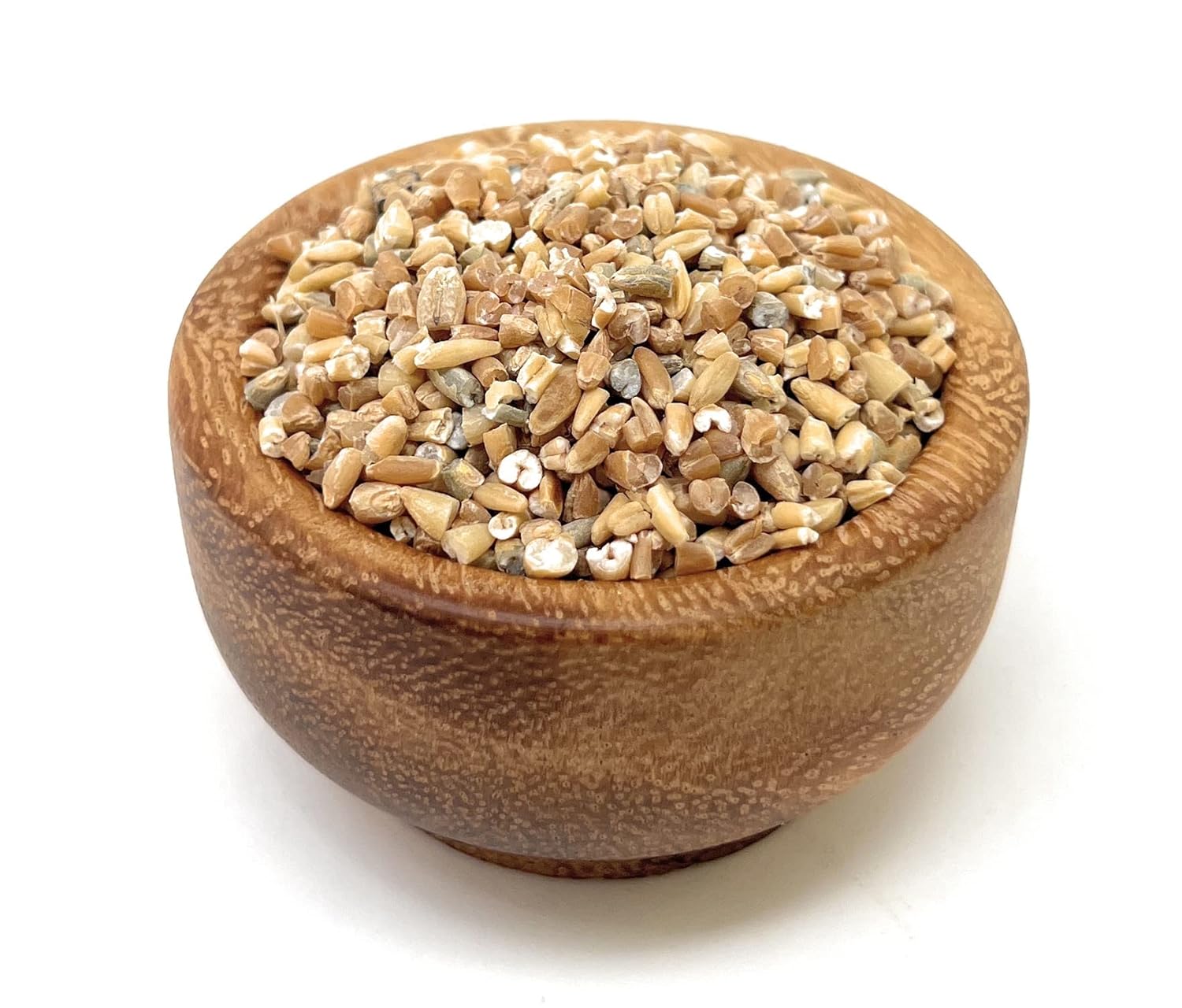 Wooden bowl filled with wicked good 9 grain cereal mix on a white background